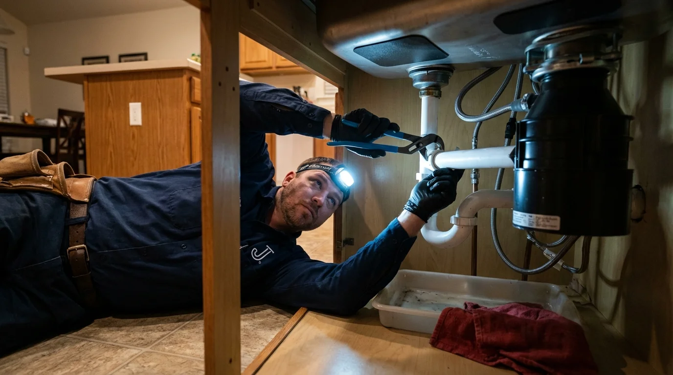 P-trap and supply line connections under a kitchen sink showing a common leak point in Madison, WV